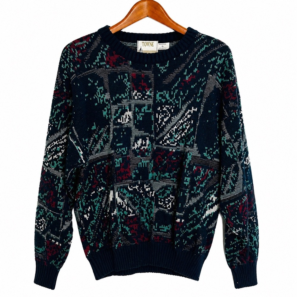 Towne by London Fog Vintage 90s Abstract Geometric Knit Sweater Mens Large USA